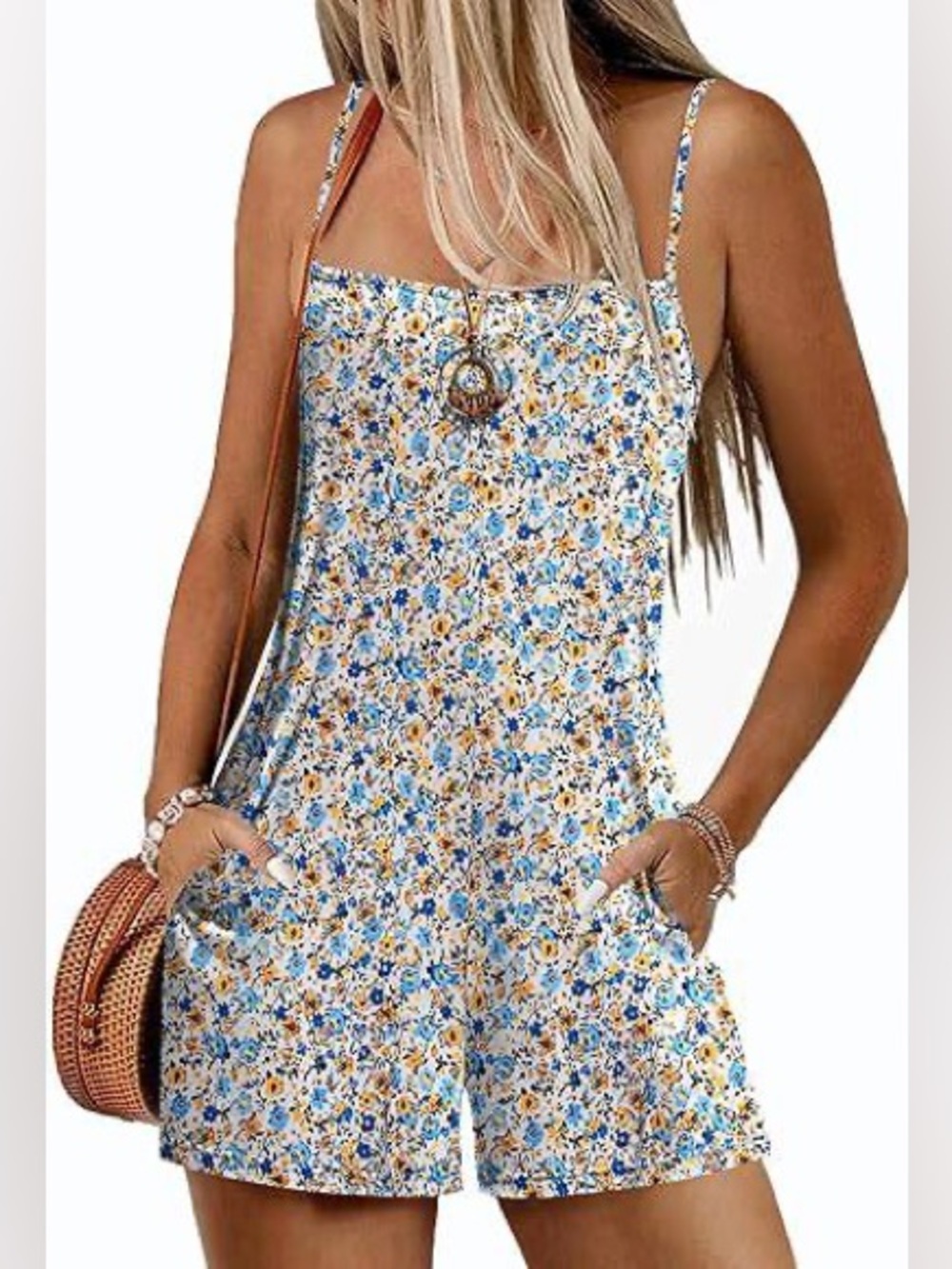 NWT - EKOUAER - Floral Spaghetti Strap Romper - Blue & Yellow - Size S